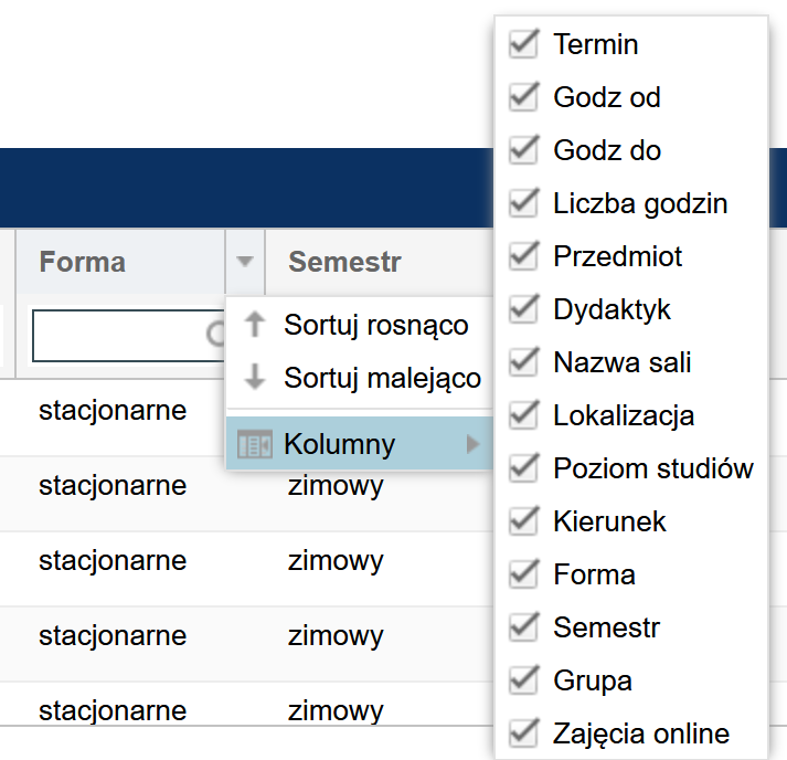 zrzut ekranu pokazujący jak zaznaczyć wszystkie kolumny w planie zajęć WU